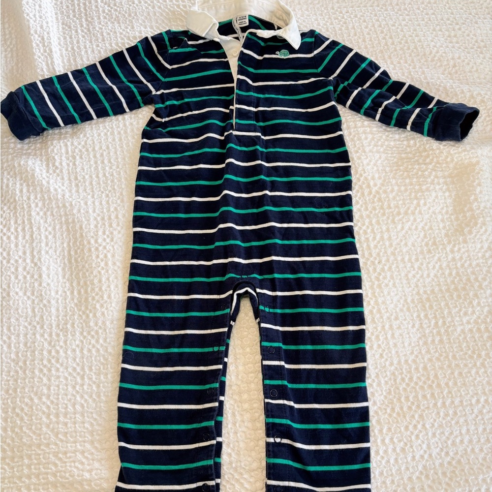 Janie and Jack Navy and Green Striped Collared One Piece